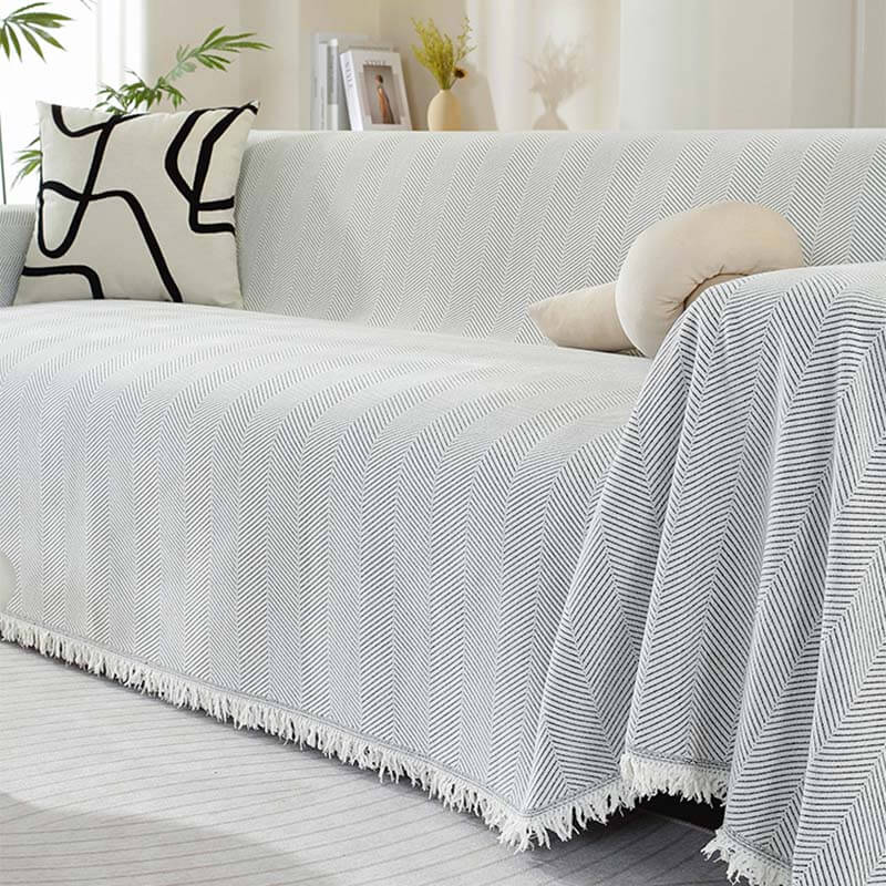 Chenille Sofa Cover Throw Blanket | Herringbone Tassel Design | Machine Washable | Woofing Deals