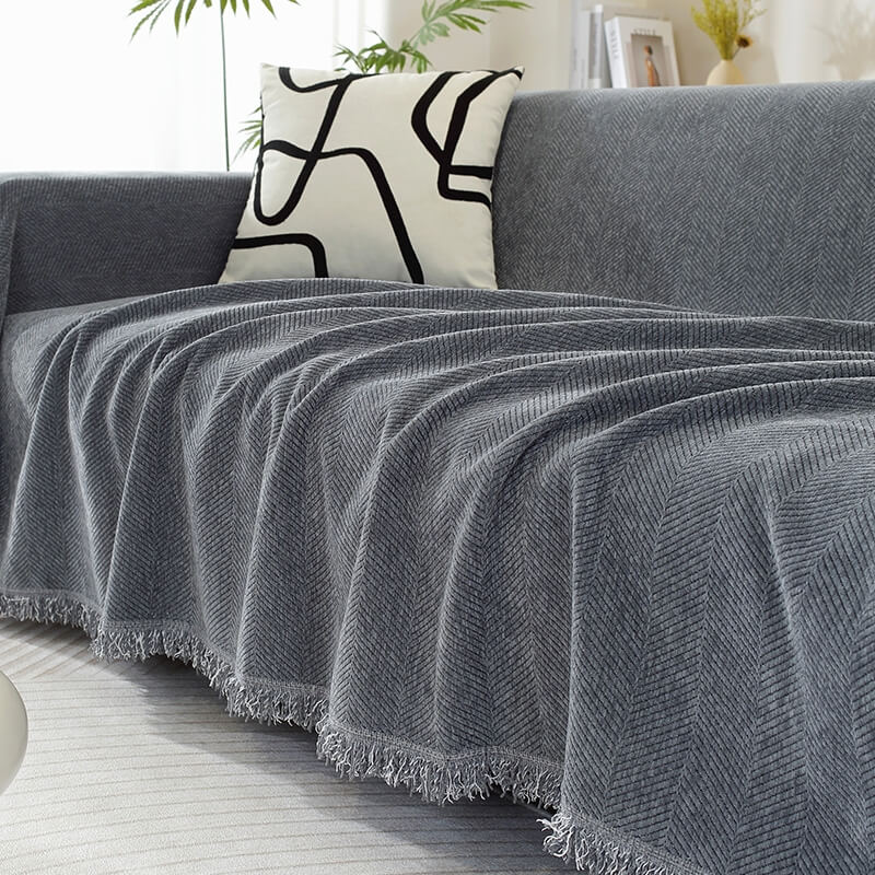 Chenille Sofa Cover Throw Blanket | Herringbone Tassel Design | Machine Washable | Woofing Deals