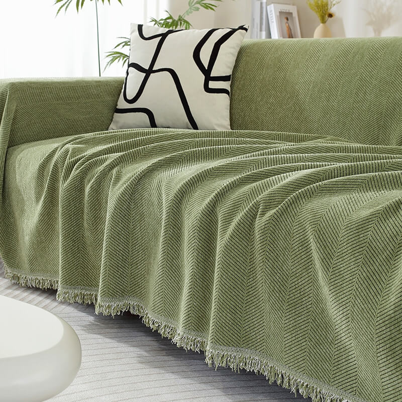 Chenille Sofa Cover Throw Blanket | Herringbone Tassel Design | Machine Washable | Woofing Deals