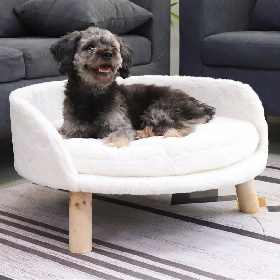 Round Pet Bed Cushion | Plush Fabric with Wooden Legs | Elevated Washable Bed for Dogs & Cats | Woofing Deals