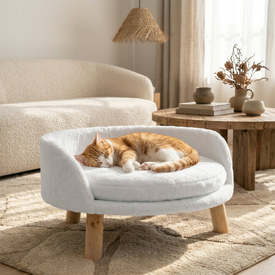 Round Pet Bed Cushion | Plush Fabric with Wooden Legs | Elevated Washable Bed for Dogs & Cats | Woofing Deals