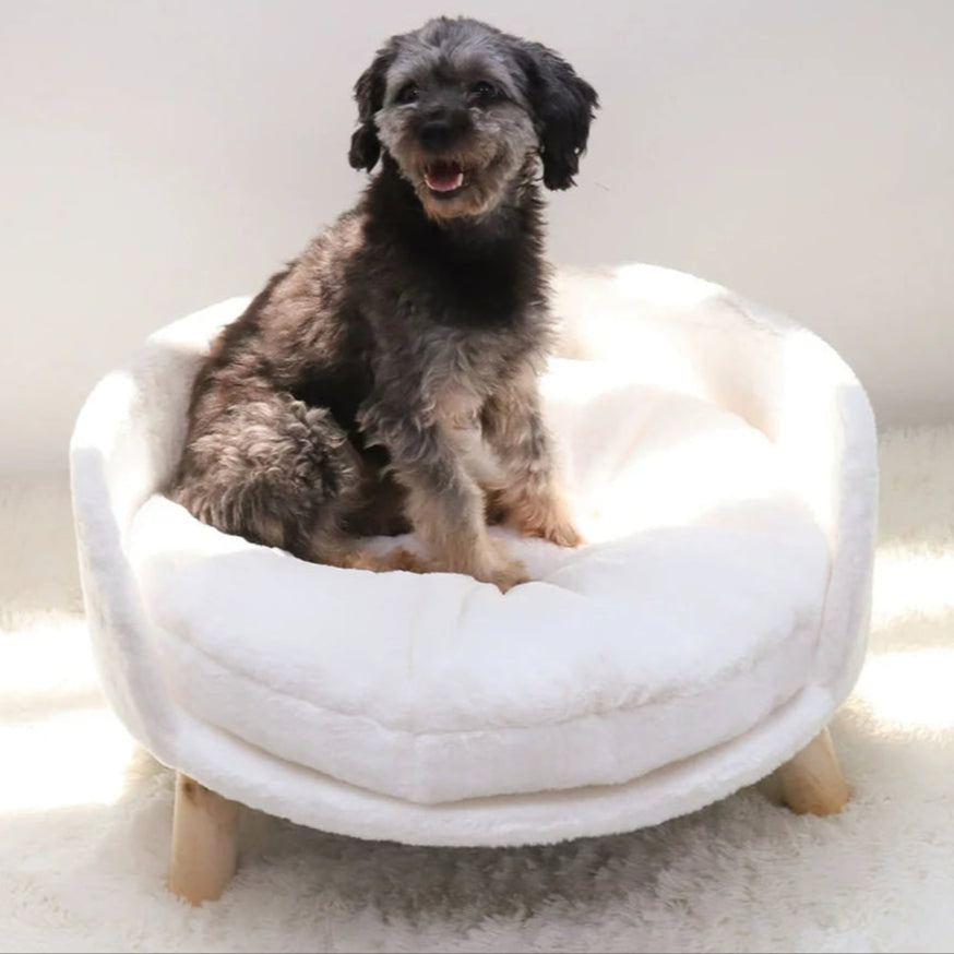 Round Pet Bed Cushion | Plush Fabric with Wooden Legs | Elevated Washable Bed for Dogs & Cats | Woofing Deals