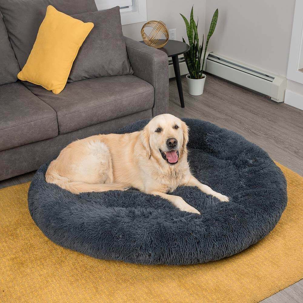 Calming Round Dog Bed | Fluffy Faux Fur | Raised Rim | Joint Relief | Machine Washable | Woofing Deals