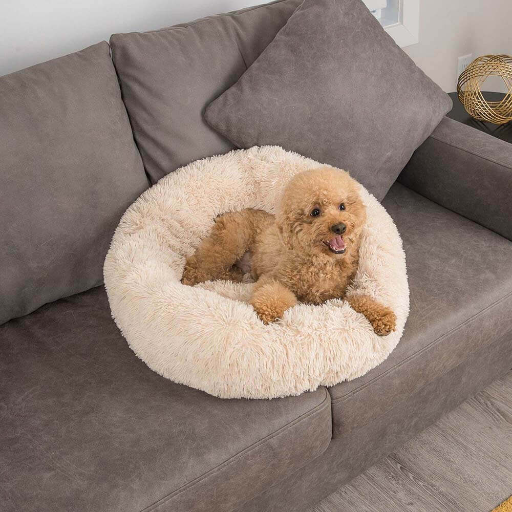Calming Round Dog Bed | Fluffy Faux Fur | Raised Rim | Joint Relief | Machine Washable | Woofing Deals