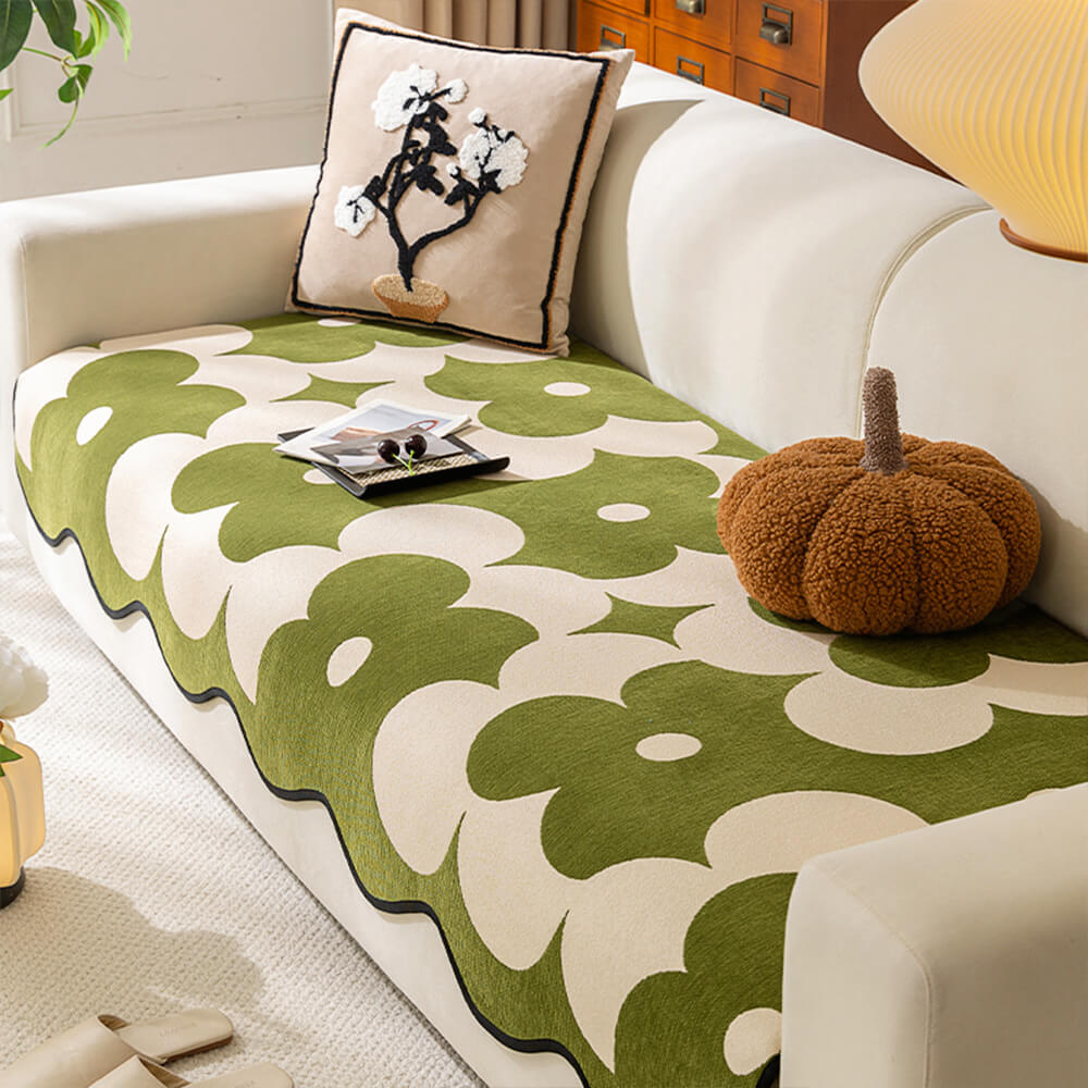 Floral Chenille Sofa Cover | Wavy Border Non-Slip Couch Throw | Woofing Deals