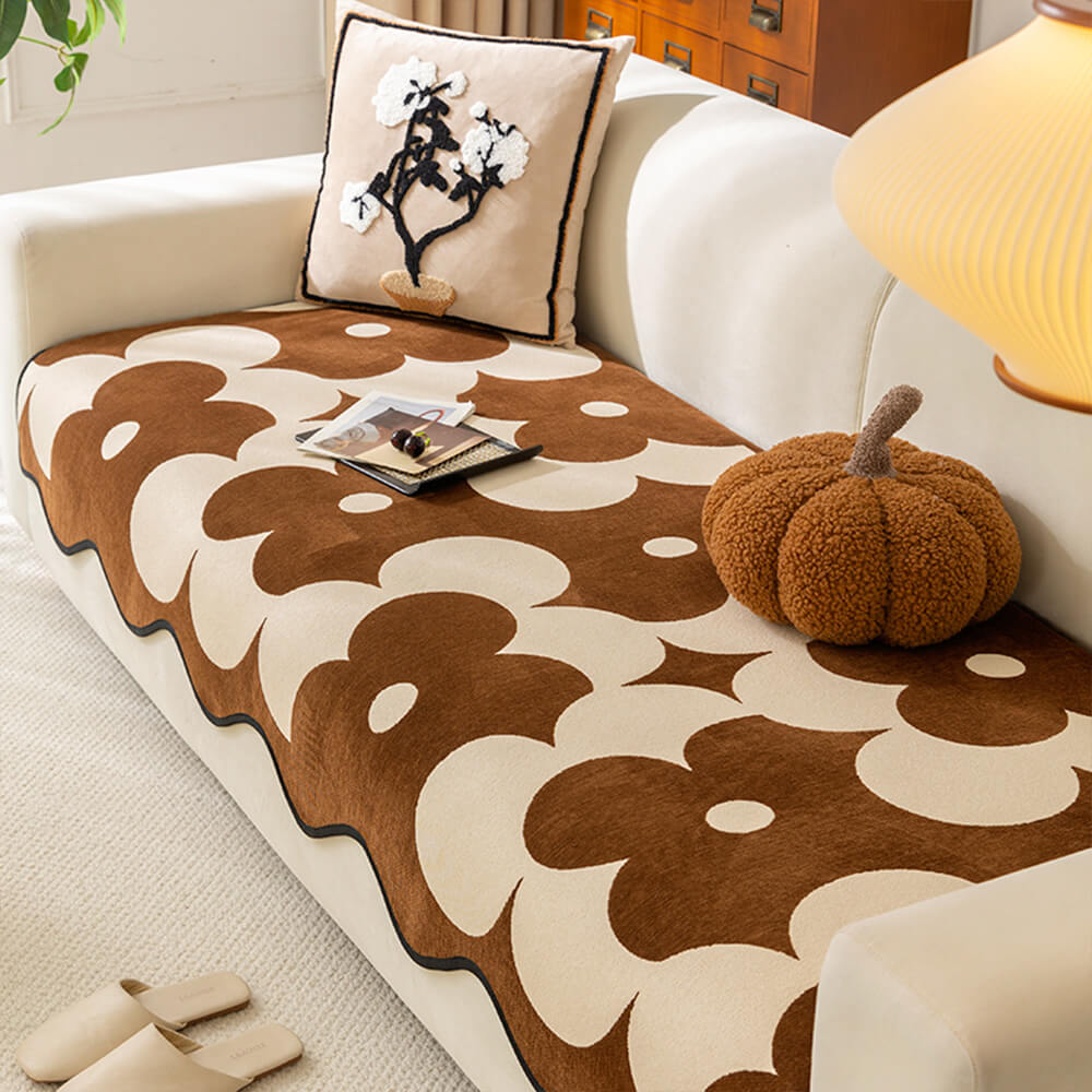 Floral Chenille Sofa Cover | Wavy Border Non-Slip Couch Throw | Woofing Deals