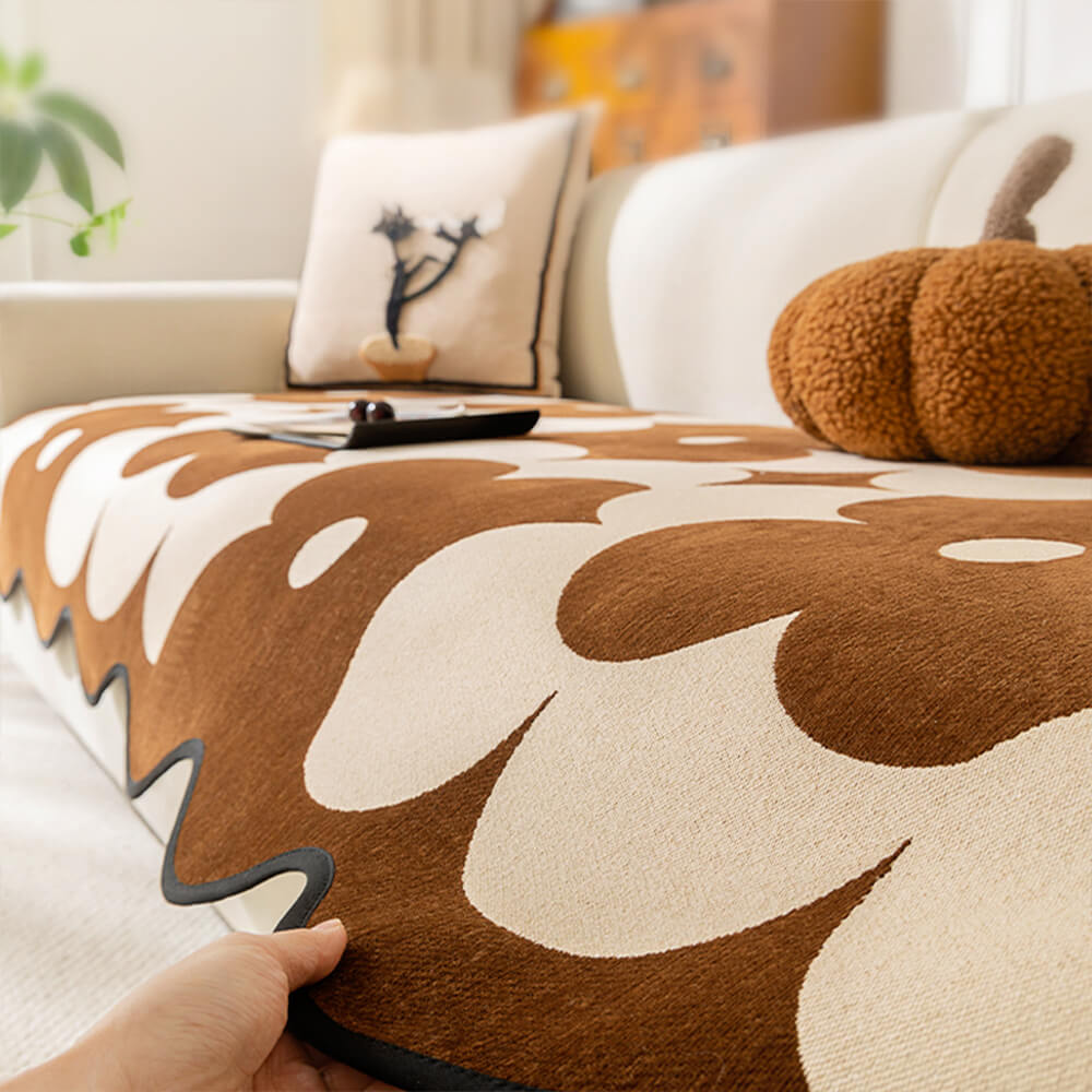 Floral Chenille Sofa Cover | Wavy Border Non-Slip Couch Throw | Woofing Deals