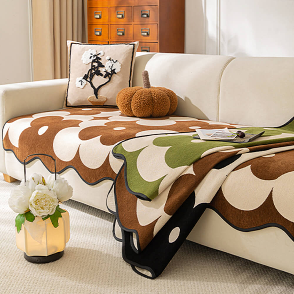 Floral Chenille Sofa Cover | Wavy Border Non-Slip Couch Throw | Woofing Deals