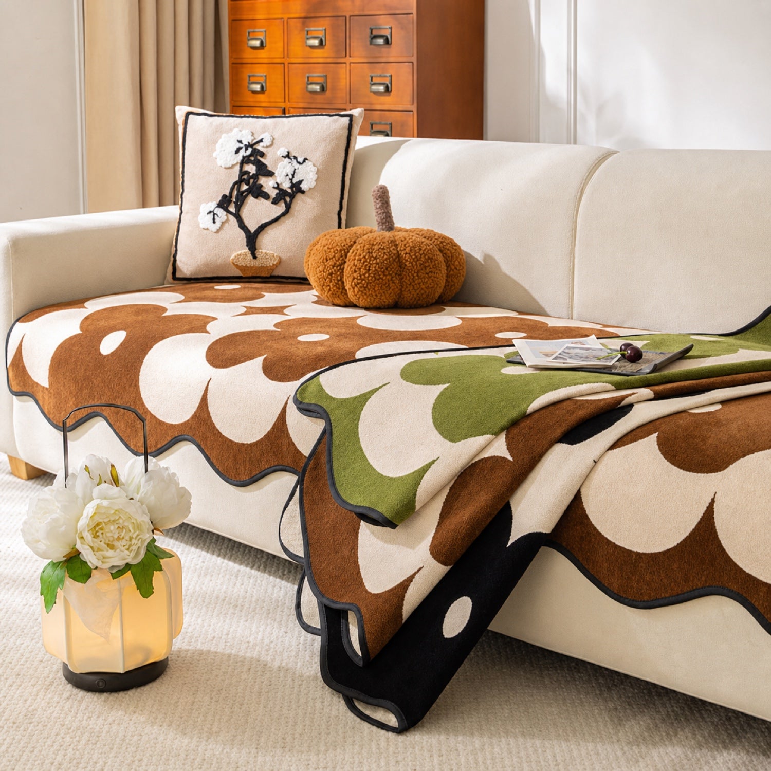 Floral Chenille Sofa Cover | Wavy Border Non-Slip Couch Throw | Woofing Deals