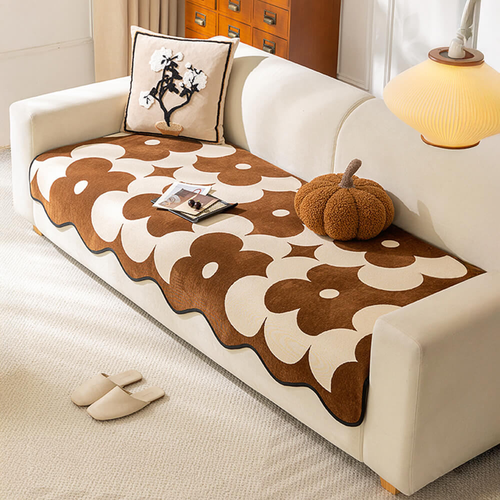 Floral Chenille Sofa Cover | Wavy Border Non-Slip Couch Throw | Woofing Deals