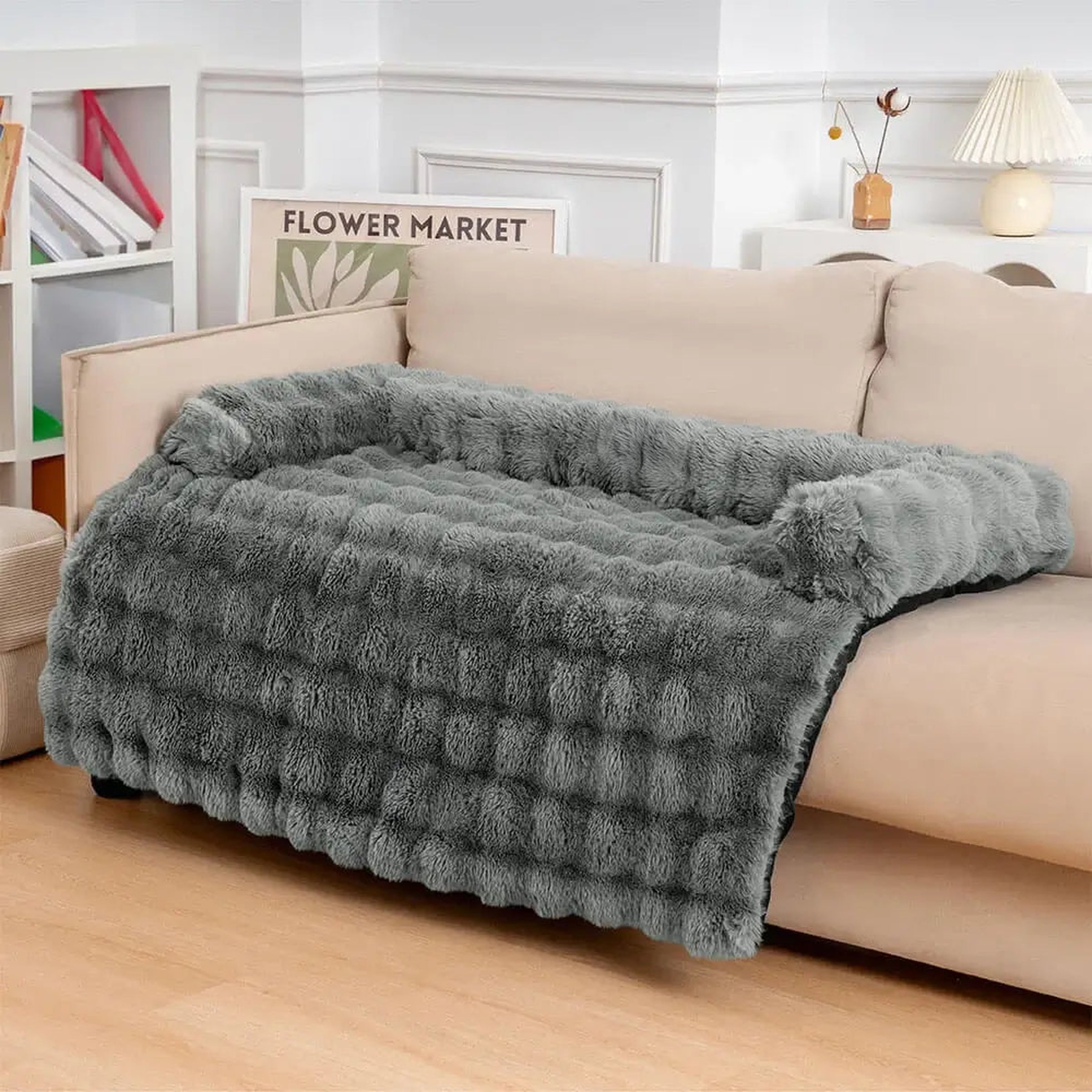 Fluffy calming grey dog bed sofa protector without logo