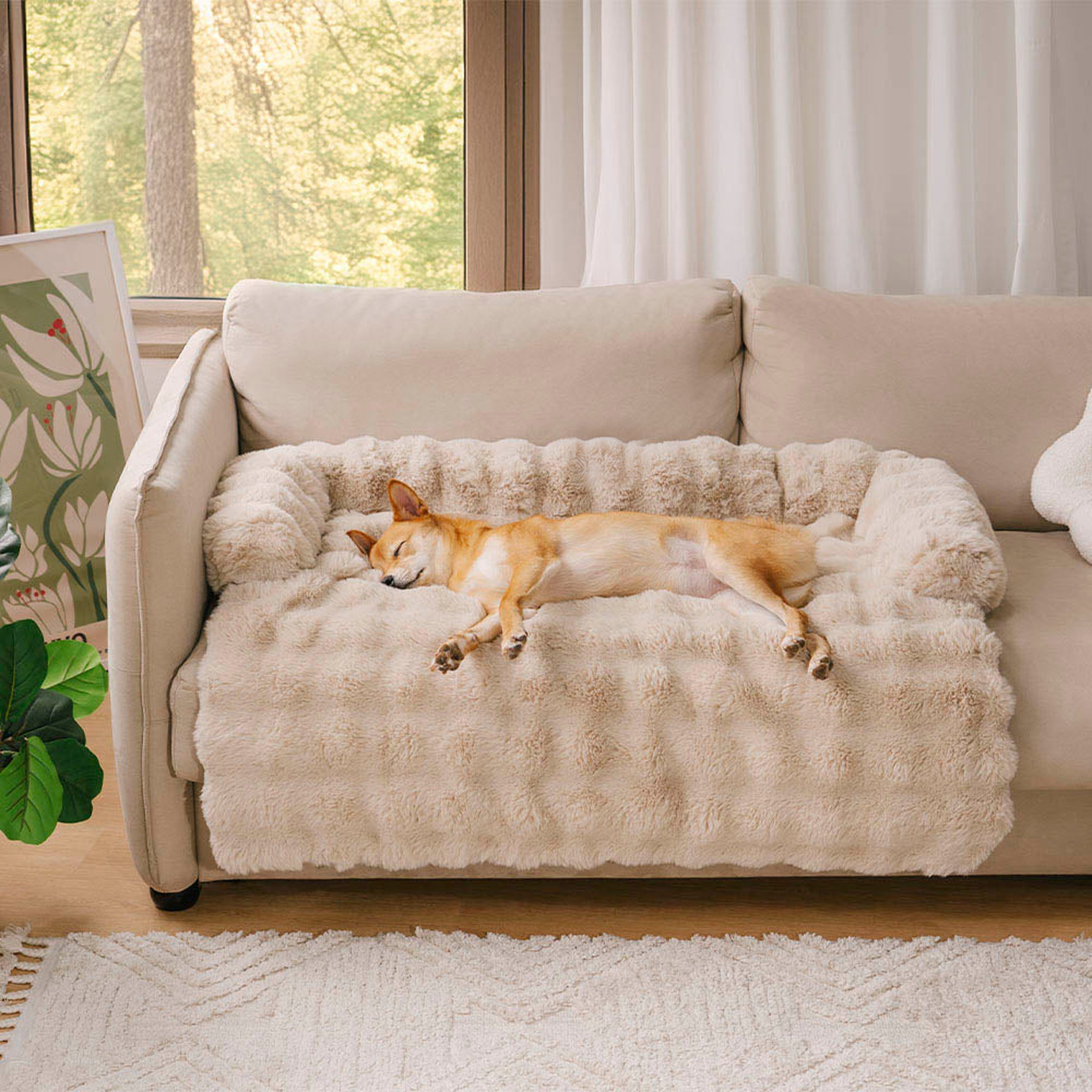 Fluffy calming cream dog bed sofa protector without logo