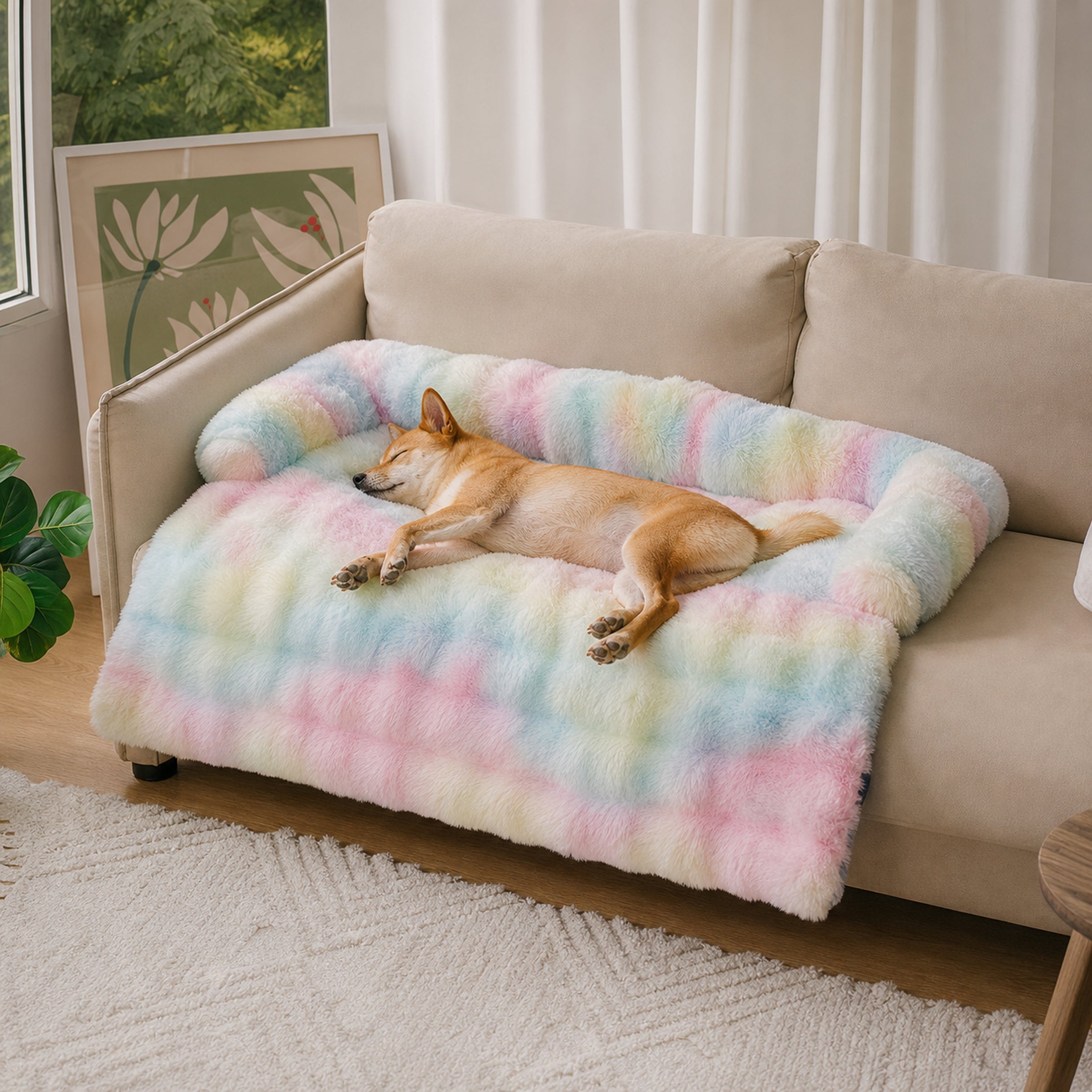 Fluffy calming colorful dog bed sofa protector without logo