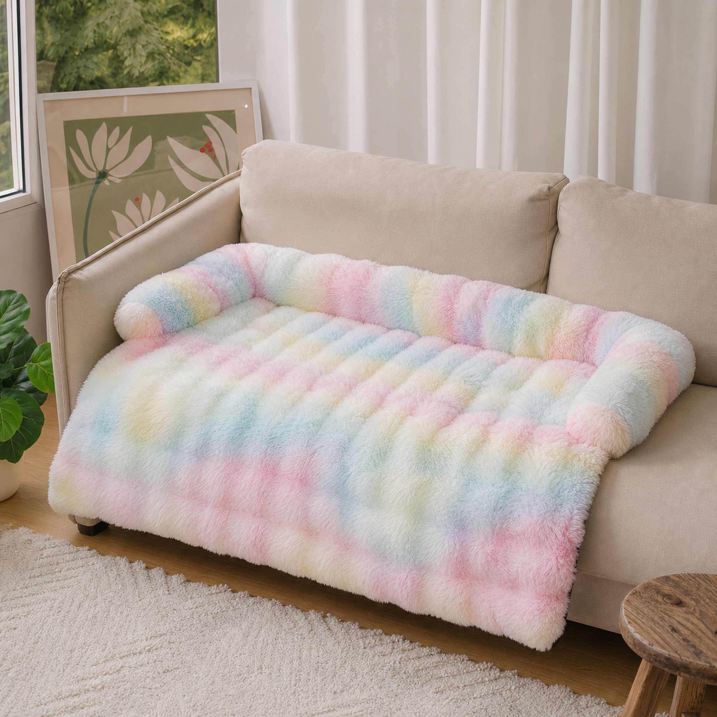 Fluffy calming colorful sofa protector pet bed without logo