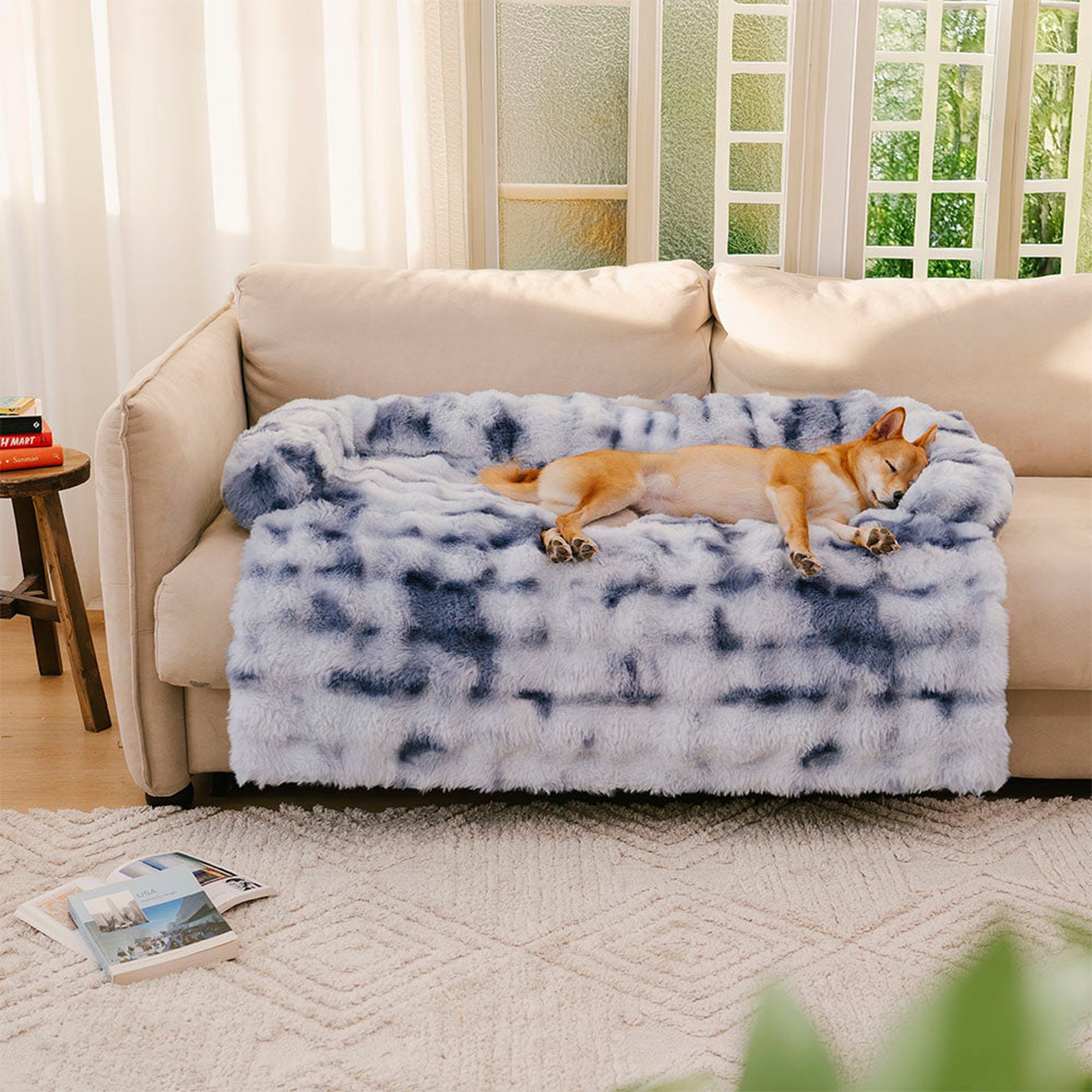 Fluffy calming blue dog bed sofa protector without logo