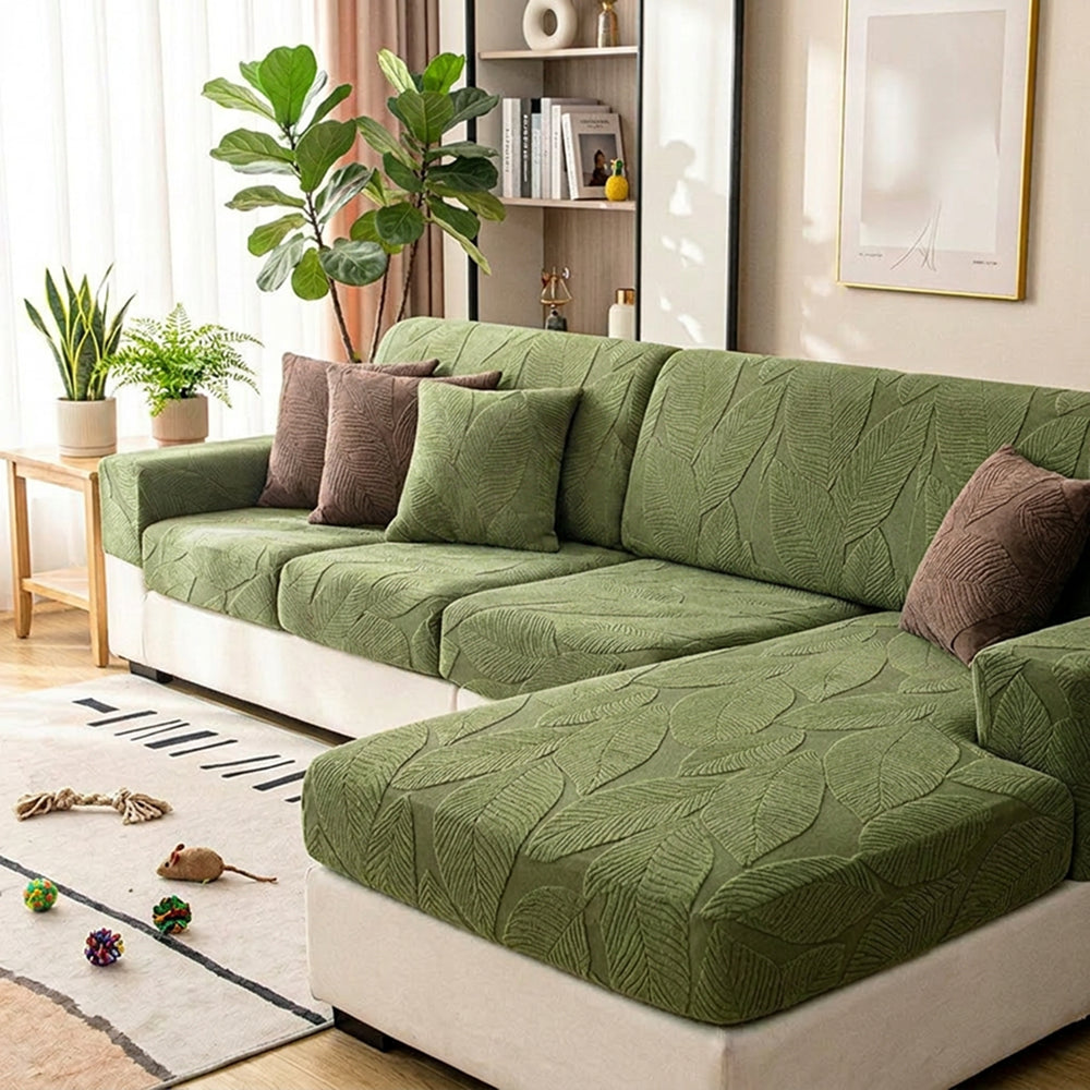 Modern Leaf Jacquard Sofa Cover | Waterproof Stretch Full Wrap | Anti-Scratch Protector | Woofing Deals