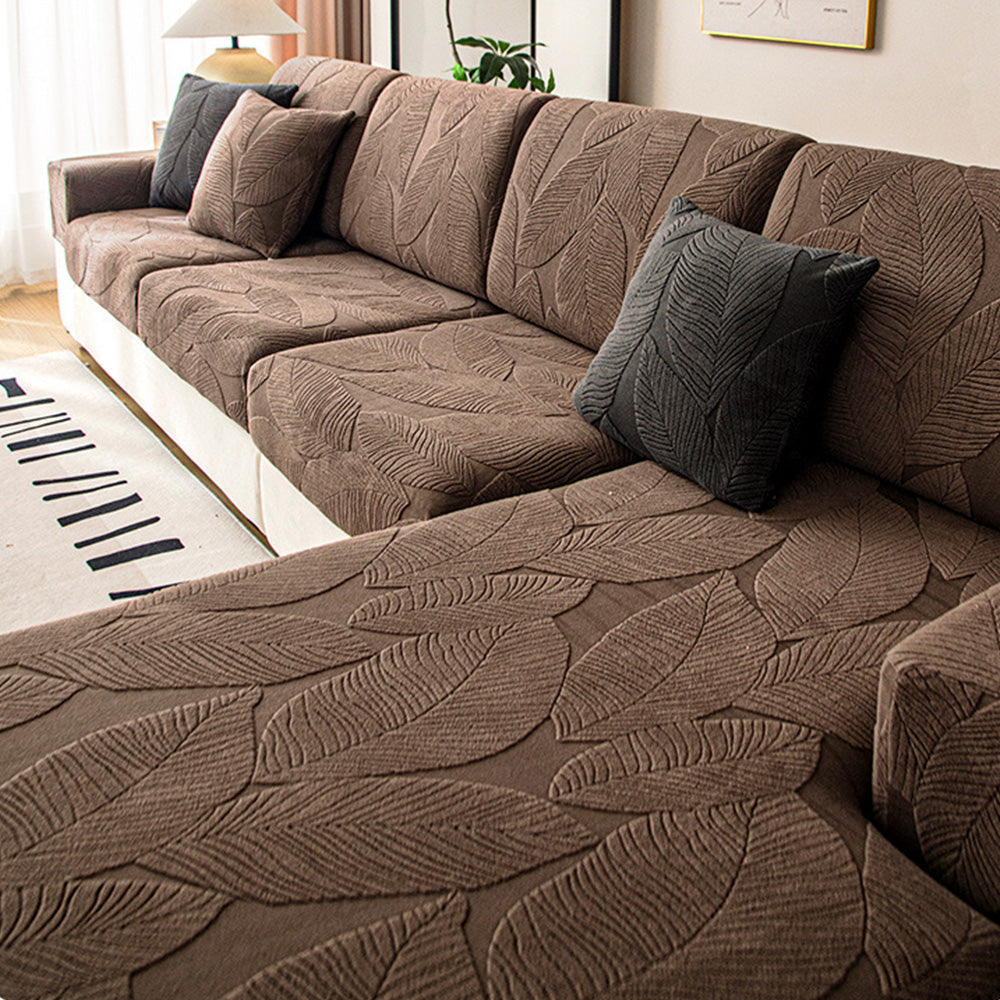 Modern Leaf Jacquard Sofa Cover | Waterproof Stretch Full Wrap | Anti-Scratch Protector | Woofing Deals