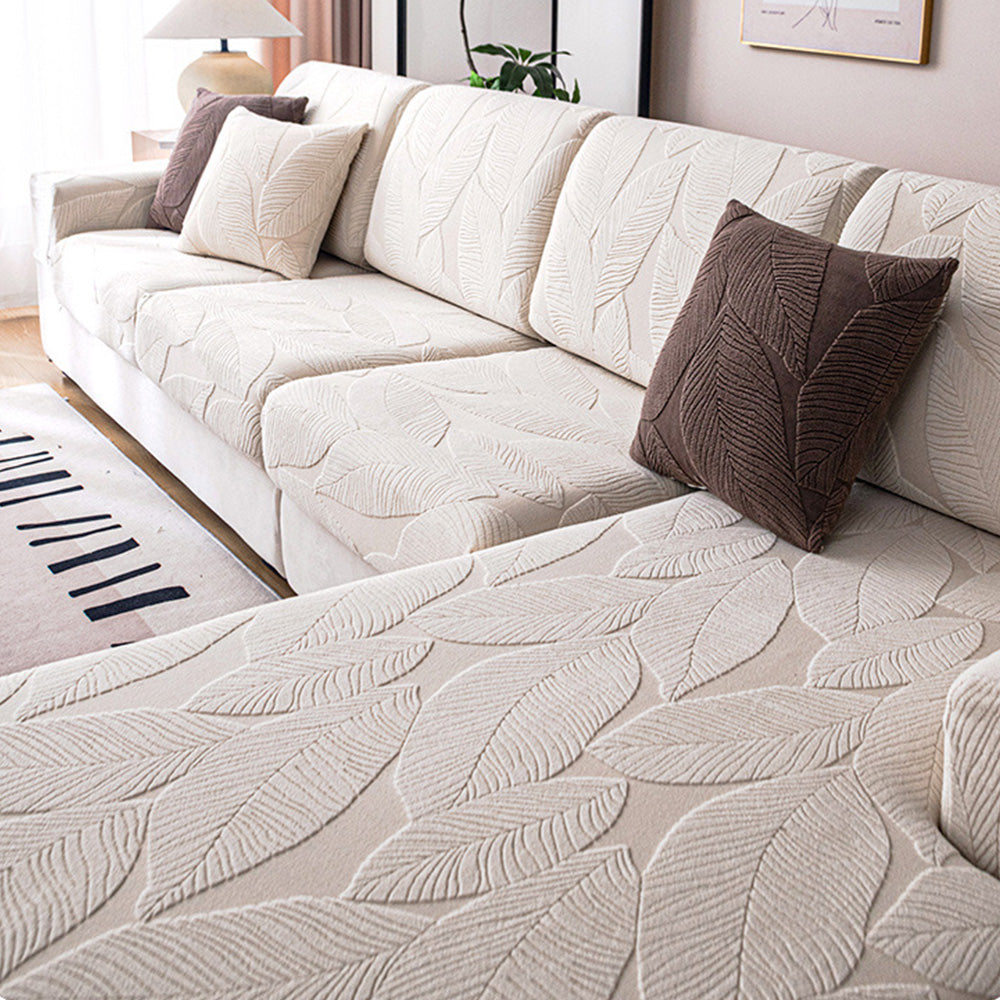 Modern Leaf Jacquard Sofa Cover | Waterproof Stretch Full Wrap | Anti-Scratch Protector | Woofing Deals