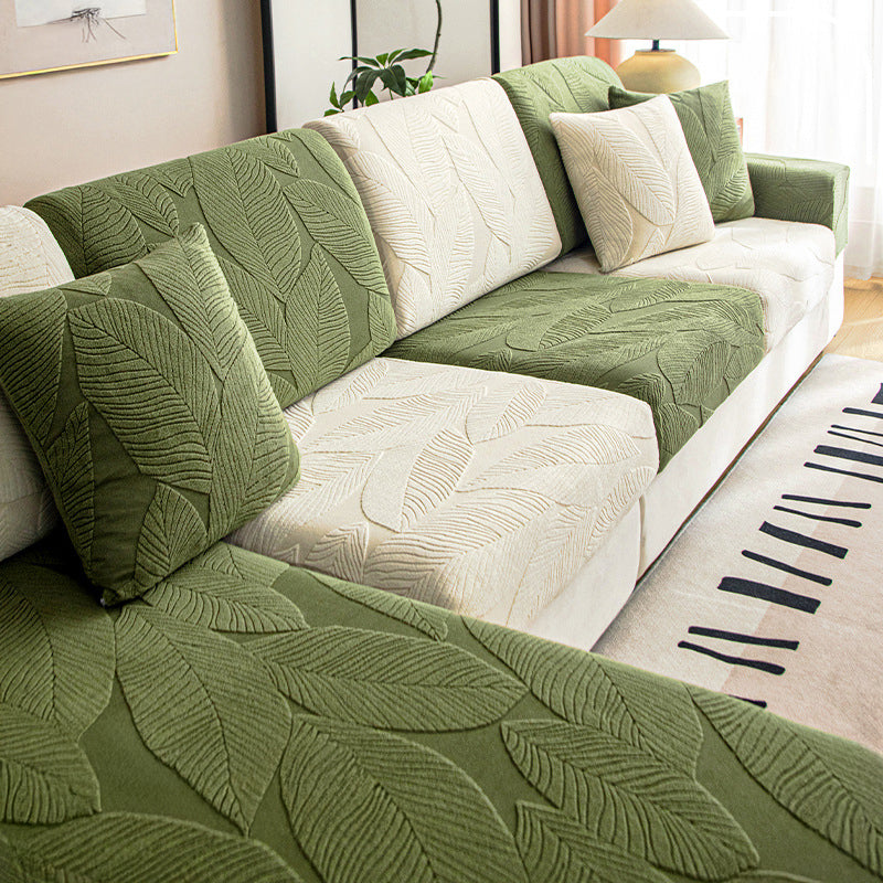 Modern Leaf Jacquard Sofa Cover | Waterproof Stretch Full Wrap | Anti-Scratch Protector | Woofing Deals