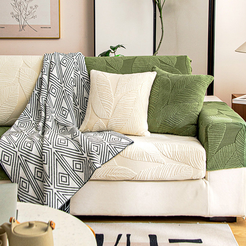 Modern Leaf Jacquard Sofa Cover | Waterproof Stretch Full Wrap | Anti-Scratch Protector | Woofing Deals