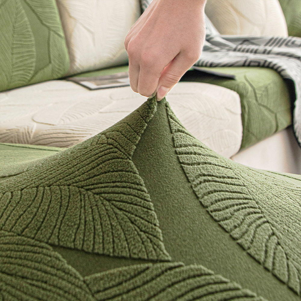 Modern Leaf Jacquard Sofa Cover | Waterproof Stretch Full Wrap | Anti-Scratch Protector | Woofing Deals
