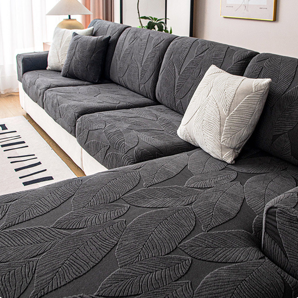 Modern Leaf Jacquard Sofa Cover | Waterproof Stretch Full Wrap | Anti-Scratch Protector | Woofing Deals