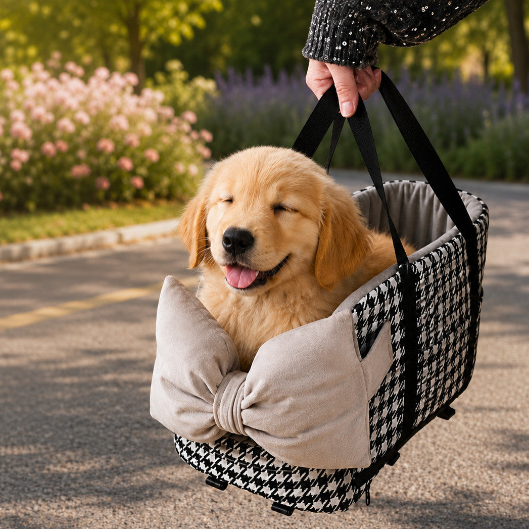 Bow-Knot Pet Car Seat Carrier | Washable Corduroy | Safety Straps & Carry Handles