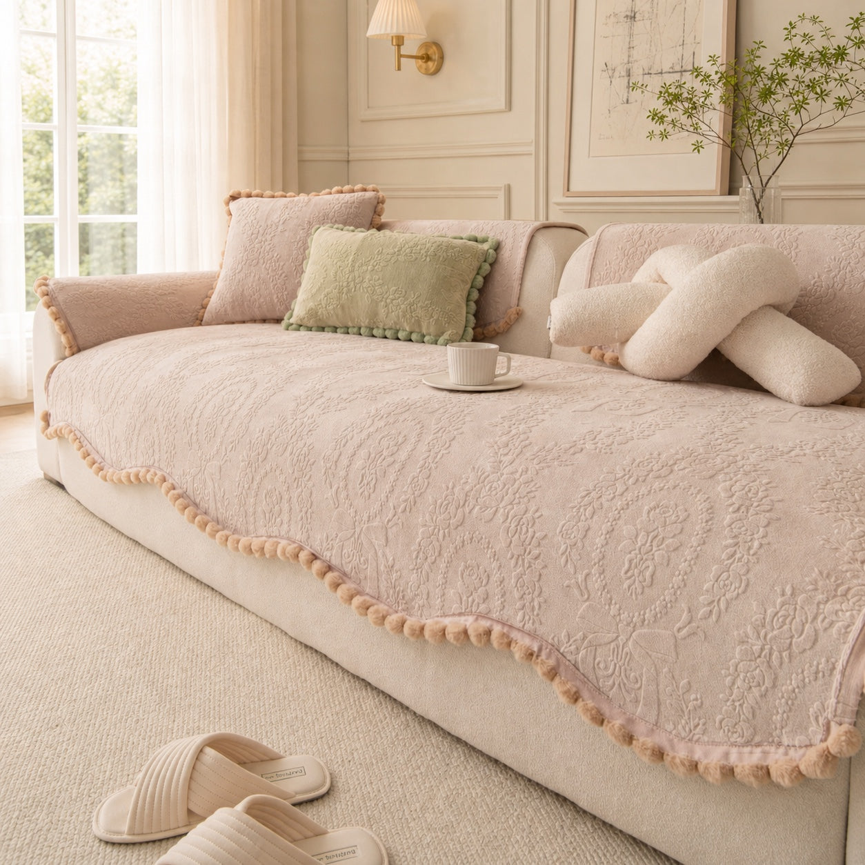 Floral Haven Sofa Cover | Pom-Pom Trim| Anti-Slip & Machine Washable