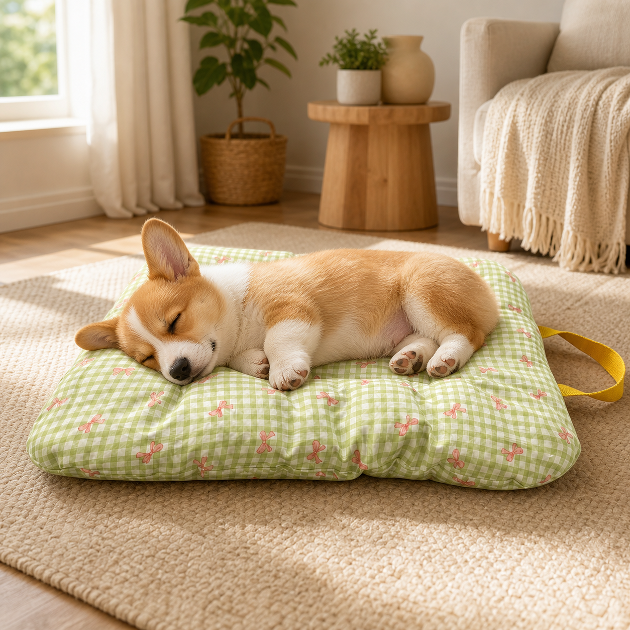 Gingham Bow Pet Mat | Cotton Double-Sided All-Season | Washable Bed