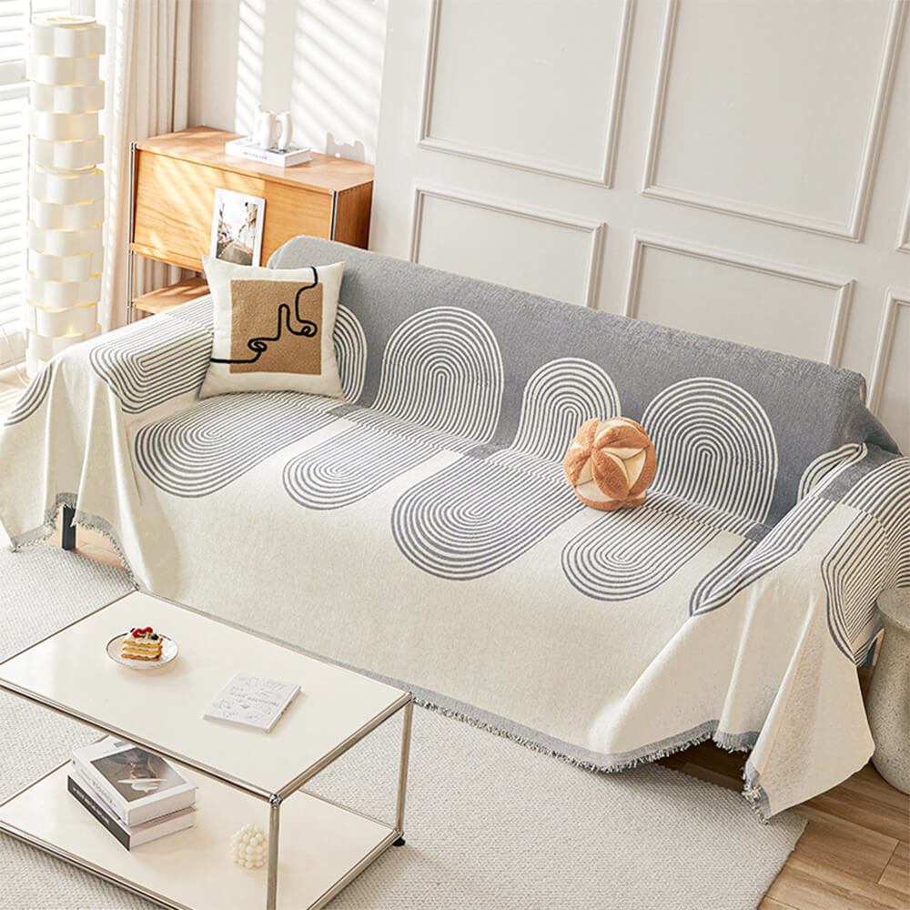 Reversible Geometric Sofa Throw | Soft Chenille Sofa Cover with Fringed Edges