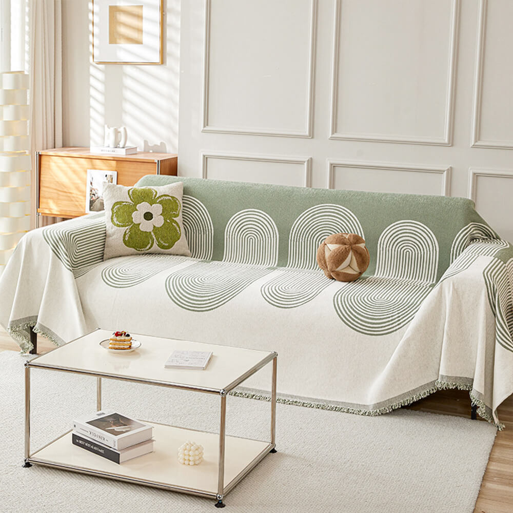 Reversible Geometric Sofa Throw | Soft Chenille Sofa Cover with Fringed Edges