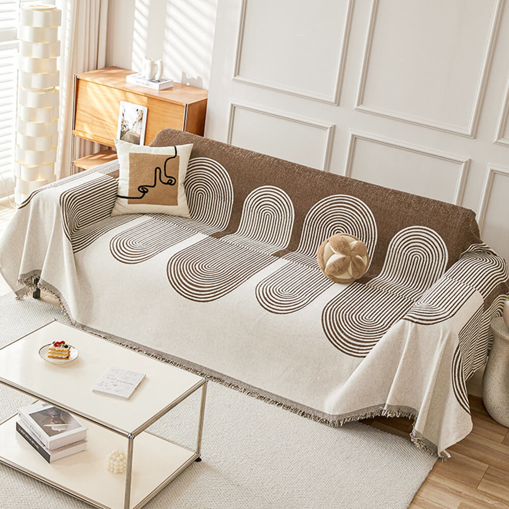 Reversible Geometric Sofa Throw | Soft Chenille Sofa Cover with Fringed Edges