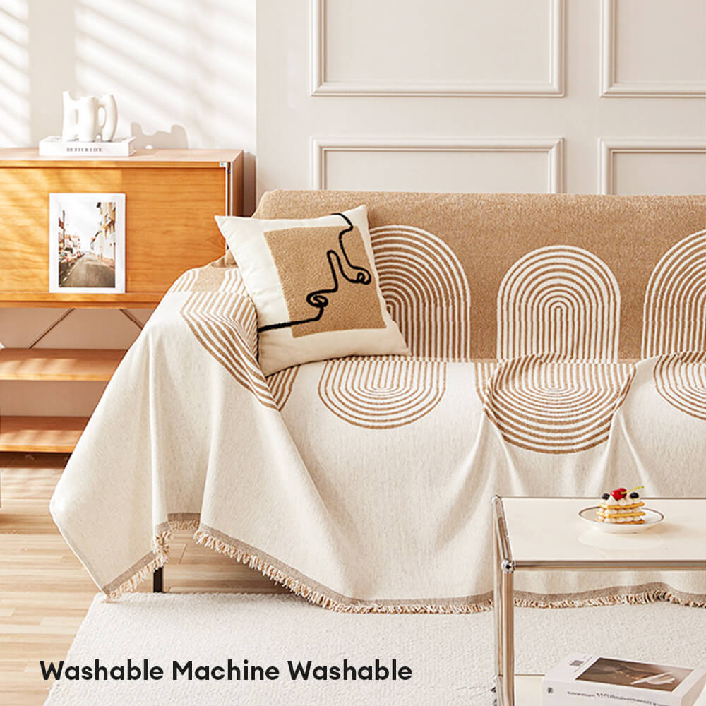 Reversible Geometric Sofa Throw | Soft Chenille Sofa Cover with Fringed Edges