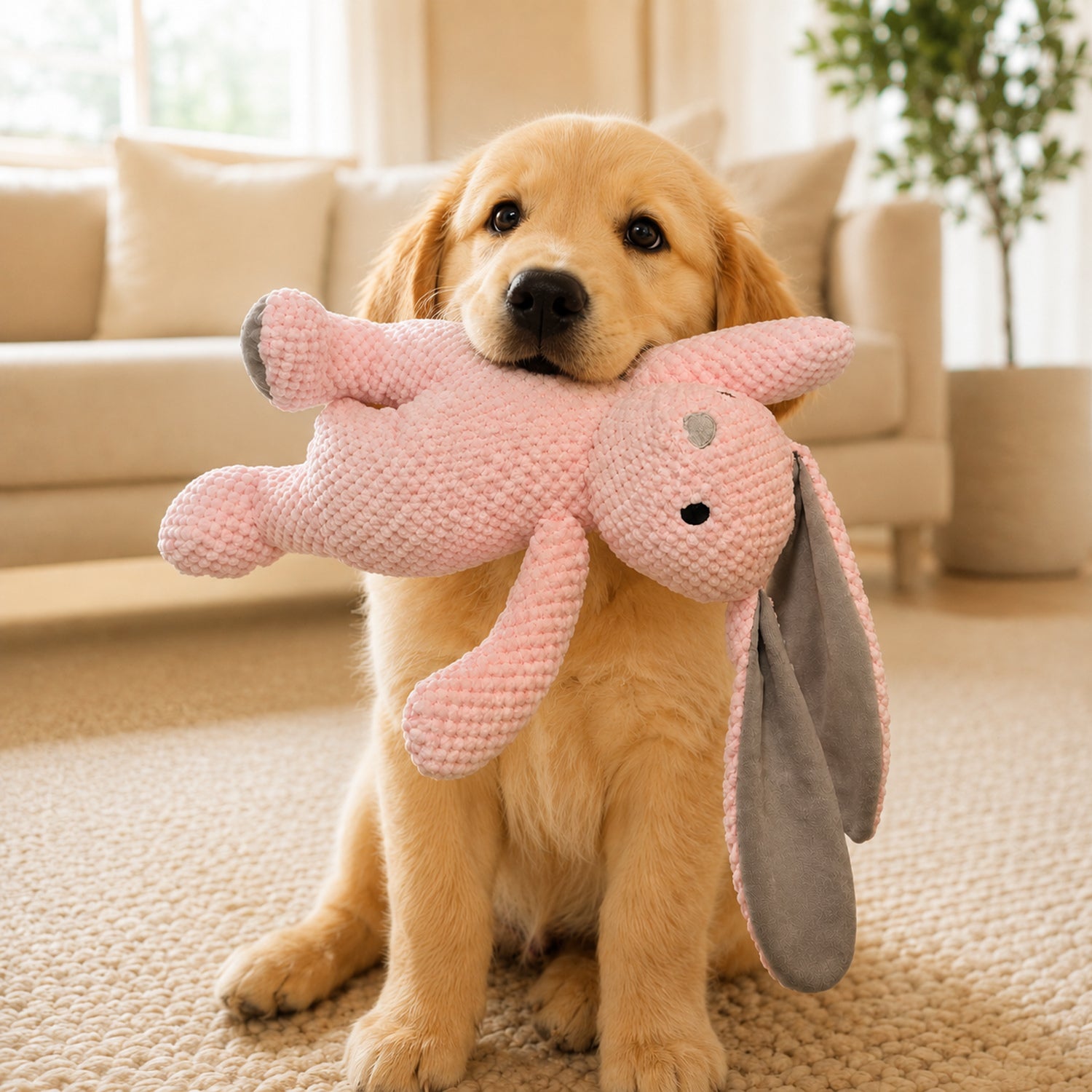 Pink Bunny Plush Dog Toy | Large Squeaky Chew Toy | Soft Interactive Play