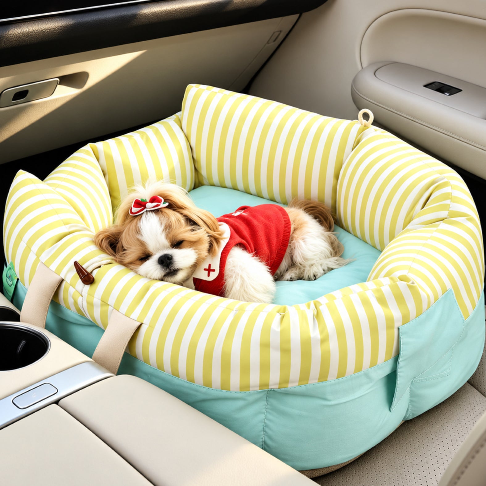Yellow Stripe Pet Car Seat & Bed | Water-Repellent with Carry Handles