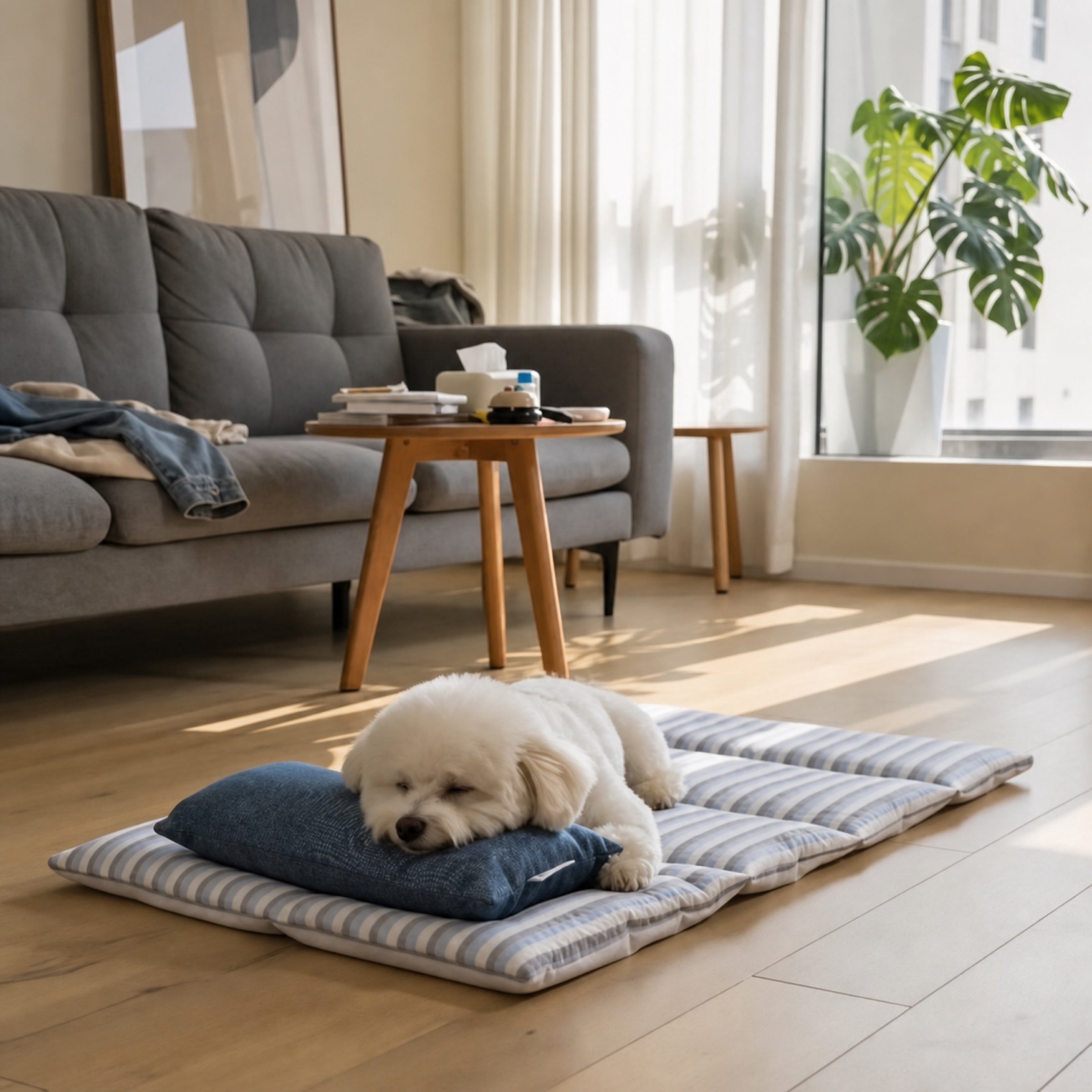 Striped Cooling Dog Mat | Ice Silk Non-Slip Bed with Pillow