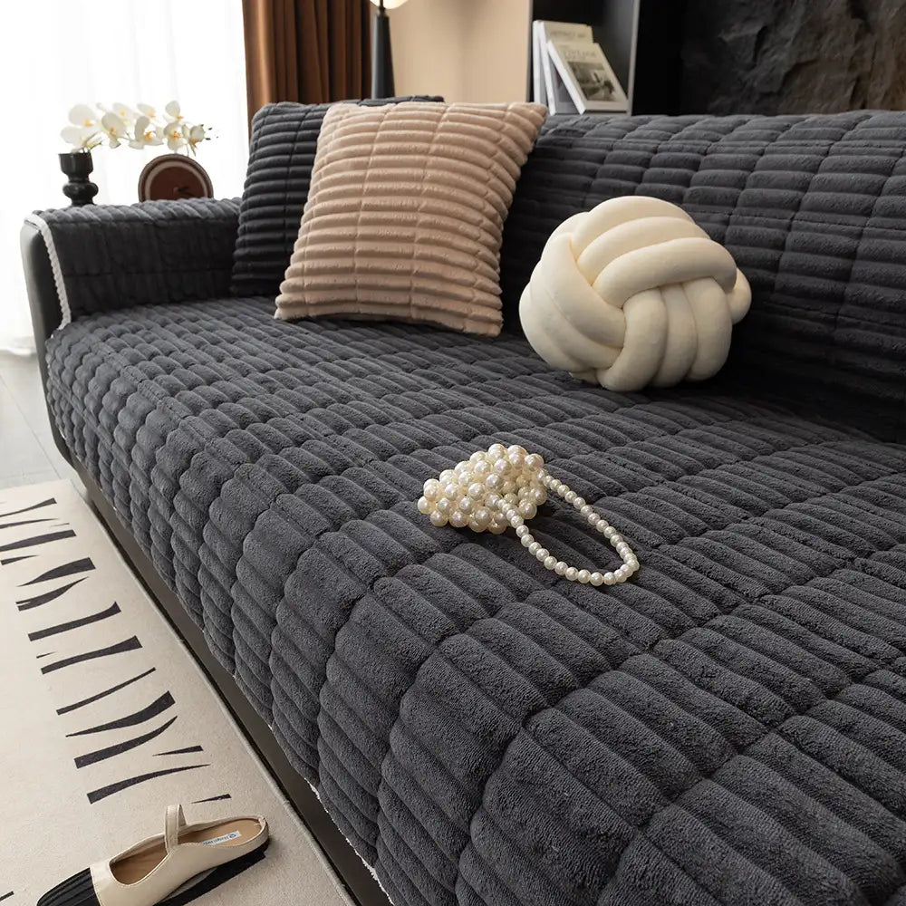 One-Piece Flannel Sofa Cover | Non-Slip Pet & Kids Protector | Machine Washable | Quilted Slipcover | Woofing Deals