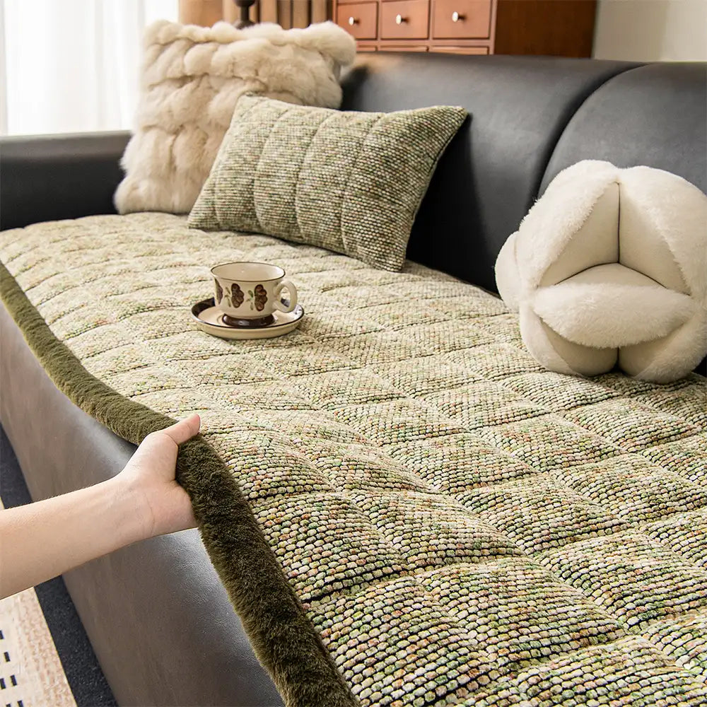 Textured Chenille Sofa Cover | Non-Slip Frayed Edge Couch Mat