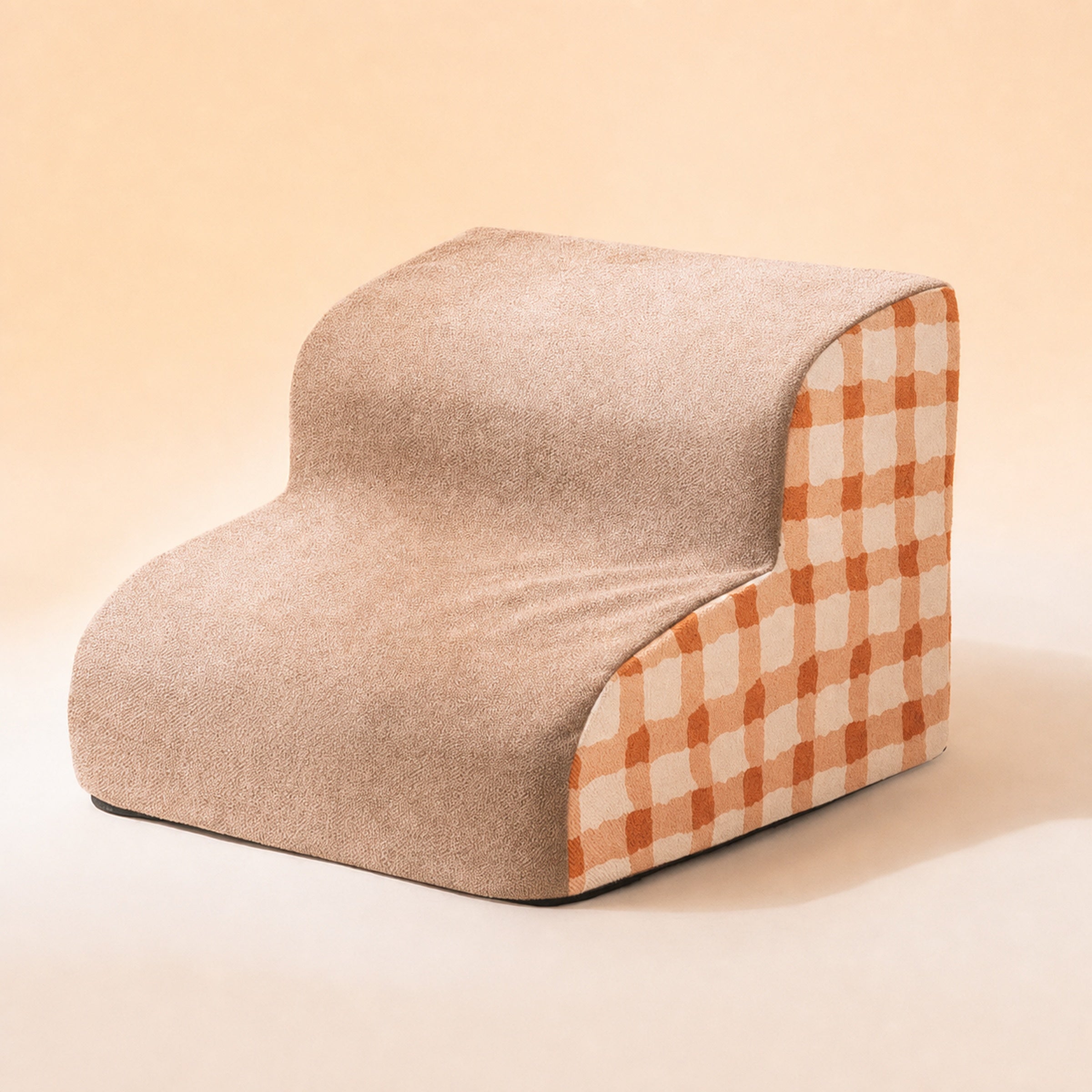 Removable dog steps with plain beige and orange check pattern, logo removed