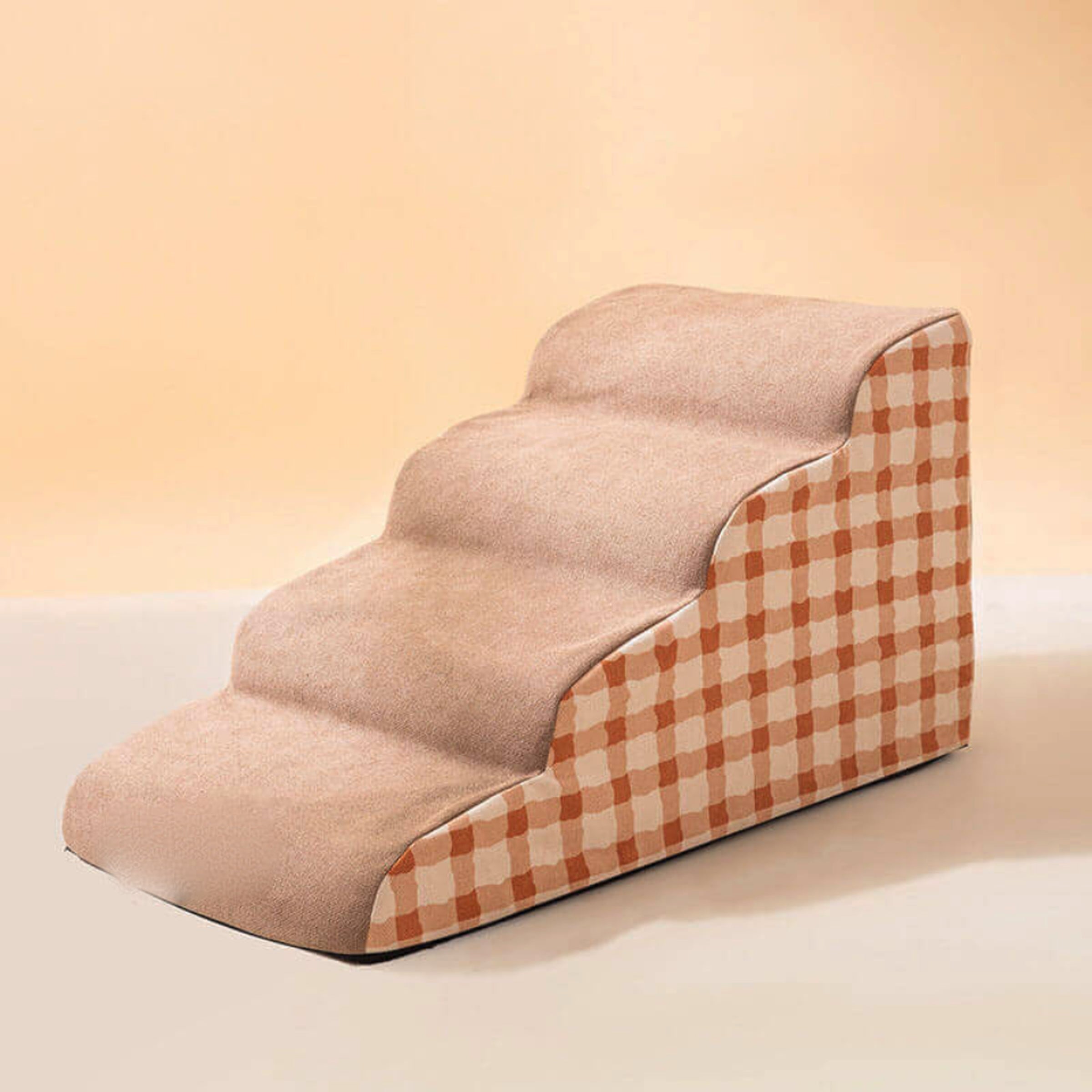 Removable dog steps with beige ramp and orange check pattern, logo removed