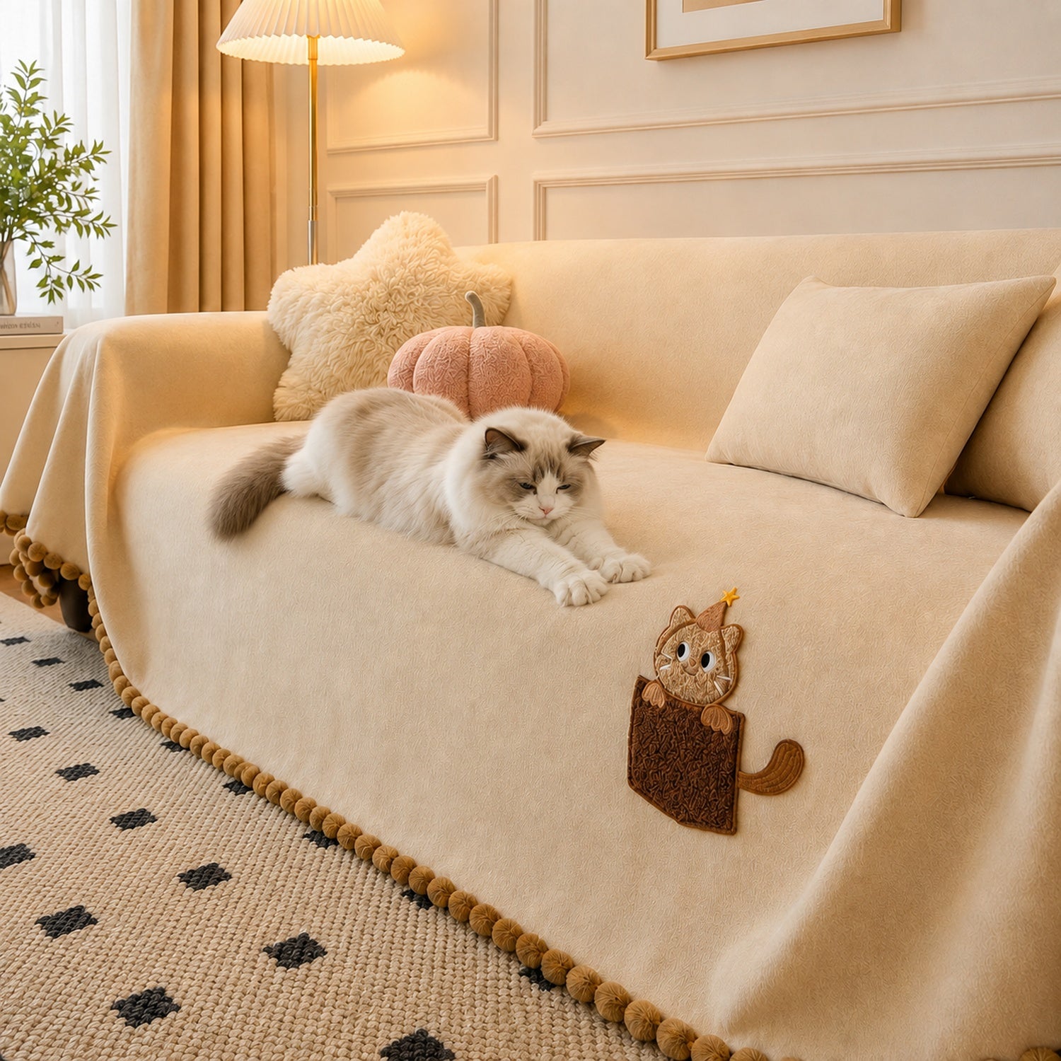 Pocket Kitty Chenille Sofa Throw | Anti-Slip Scratch-Resistant | Sofa Protector