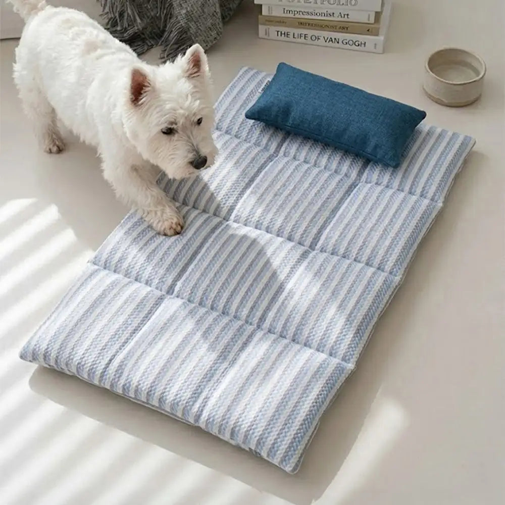 Striped Cooling Dog Mat | Ice Silk Non-Slip Bed with Pillow