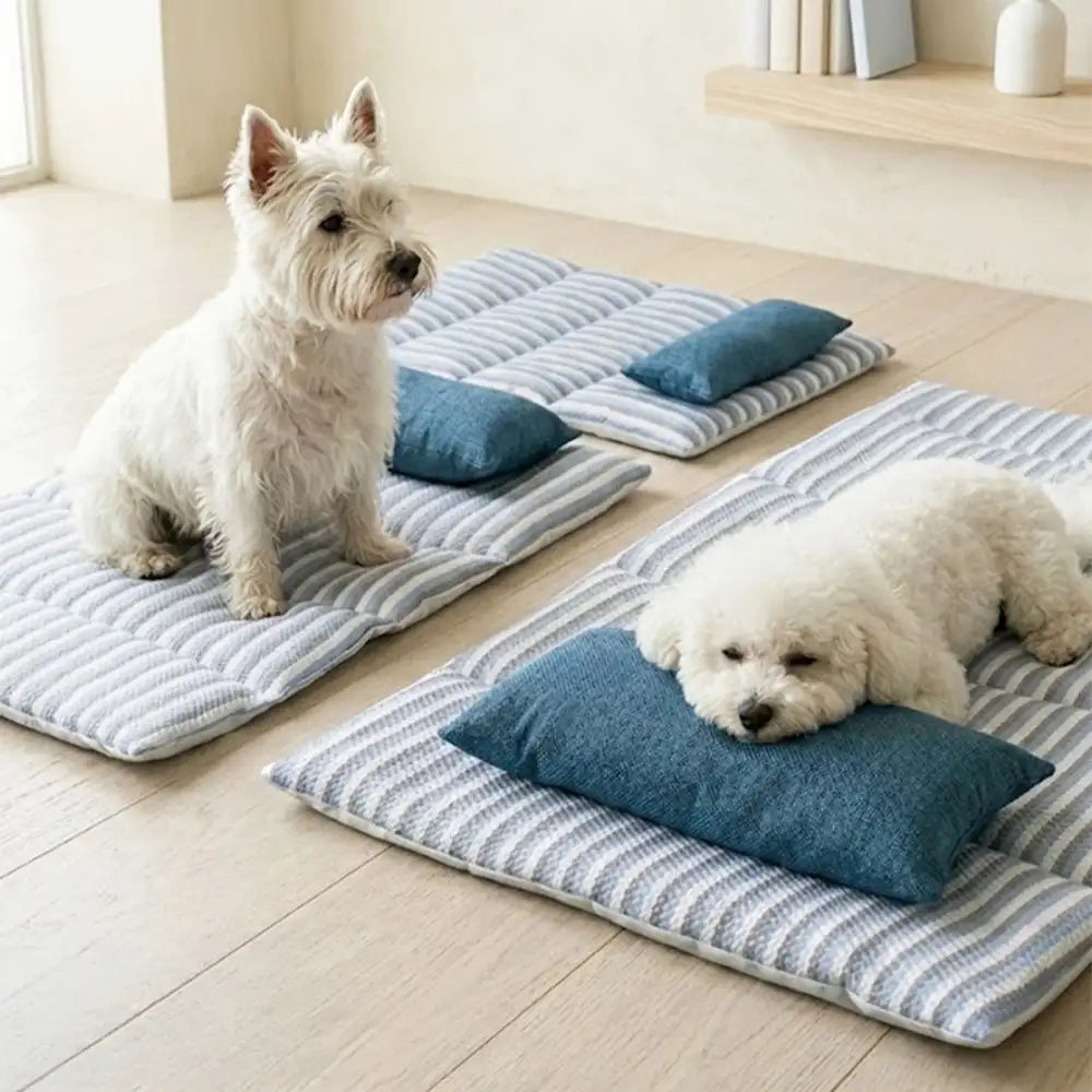 Striped Cooling Dog Mat | Ice Silk Non-Slip Bed with Pillow