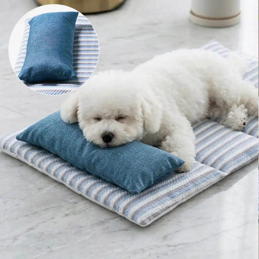 Striped Cooling Dog Mat | Ice Silk Non-Slip Bed with Pillow