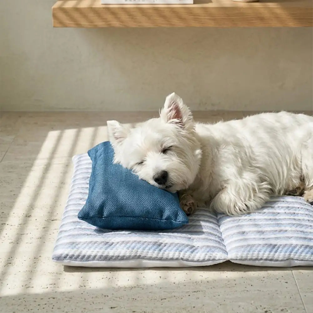 Striped Cooling Dog Mat | Ice Silk Non-Slip Bed with Pillow