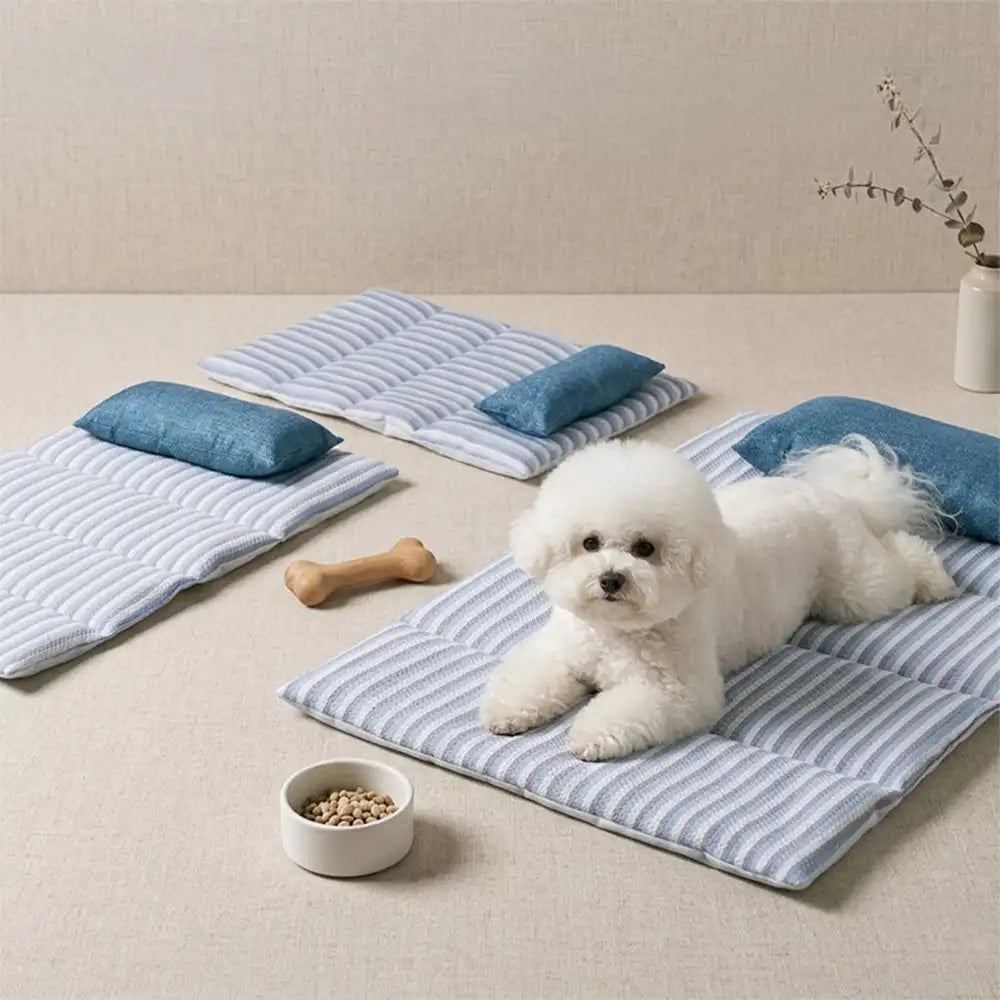 Striped Cooling Dog Mat | Ice Silk Non-Slip Bed with Pillow