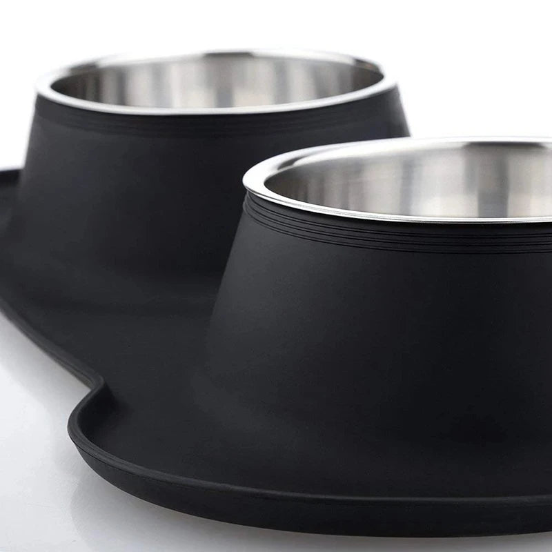 Anti-Slip Double Dog Bowl | Stainless Steel | Silicone Mat Base | Food & Water Feeder | Woofing Deals