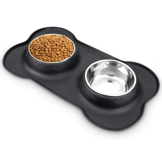 Anti-Slip Double Dog Bowl | Stainless Steel | Silicone Mat Base | Food & Water Feeder | Woofing Deals