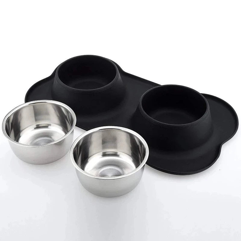 Anti-Slip Double Dog Bowl | Stainless Steel | Silicone Mat Base | Food & Water Feeder | Woofing Deals