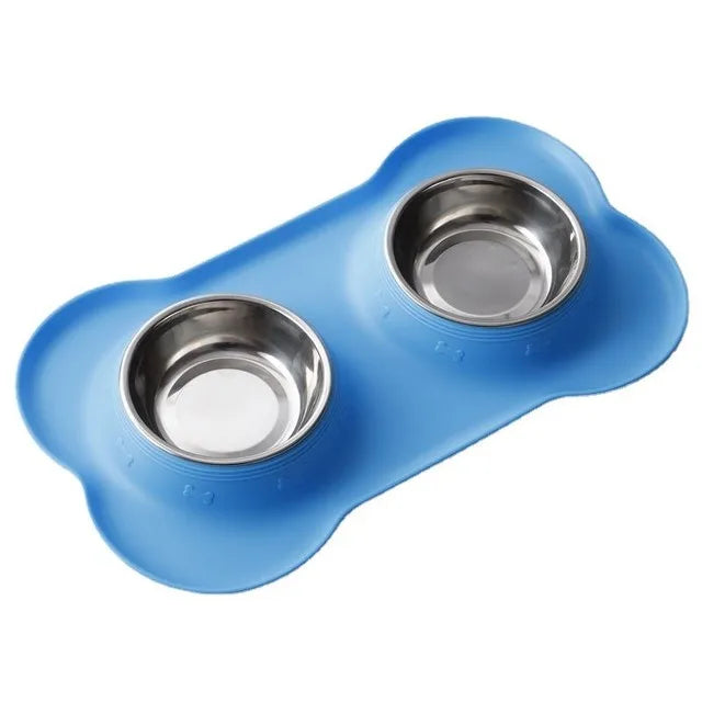 Anti-Slip Double Dog Bowl | Stainless Steel | Silicone Mat Base | Food & Water Feeder | Woofing Deals